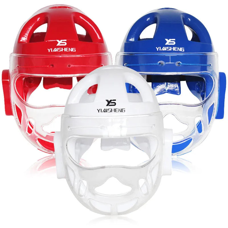 Karate helmet protective equipment in white, blue, or red colour with S, M, L, XL sizing options