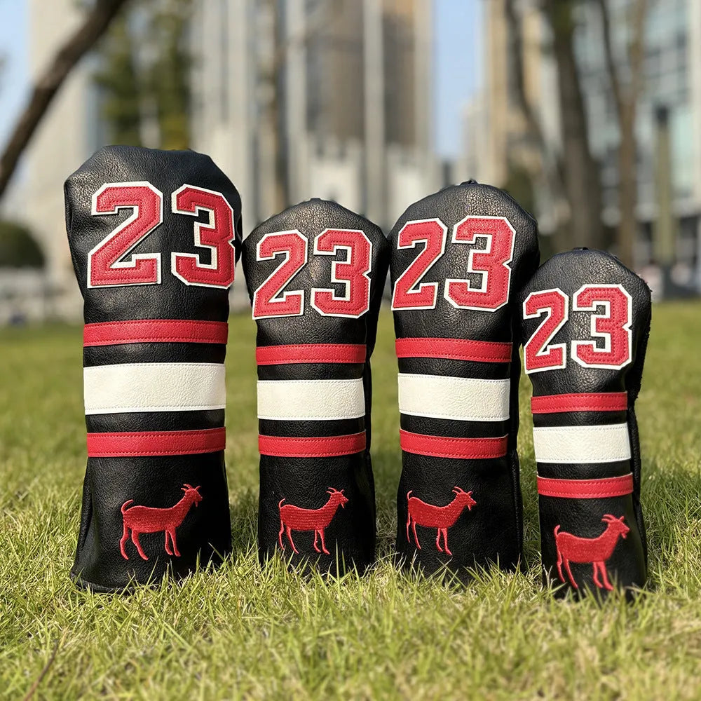 Ram golf headcover set showing chicken leg, 1, 3, 5, UT, and square putter covers in chosen colour.