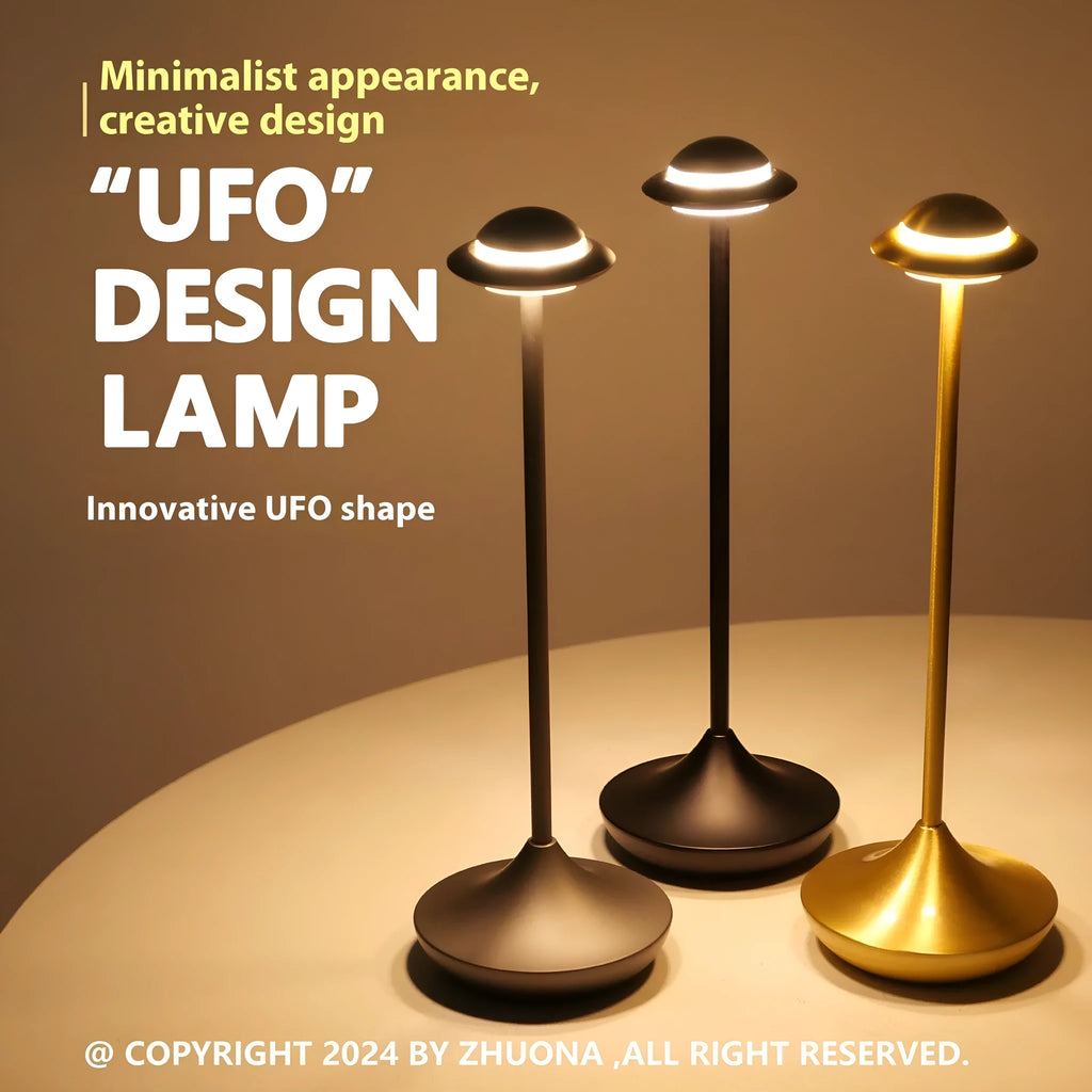 UFO-shaped metal table lamp with touch controls in black, gold or grey colour options