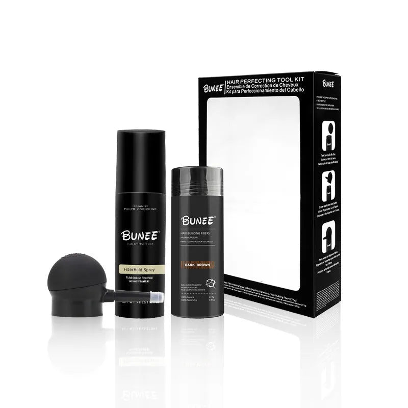 Three-piece hair fibre thickening set: powder canister, nozzle applicator, and shaping spray