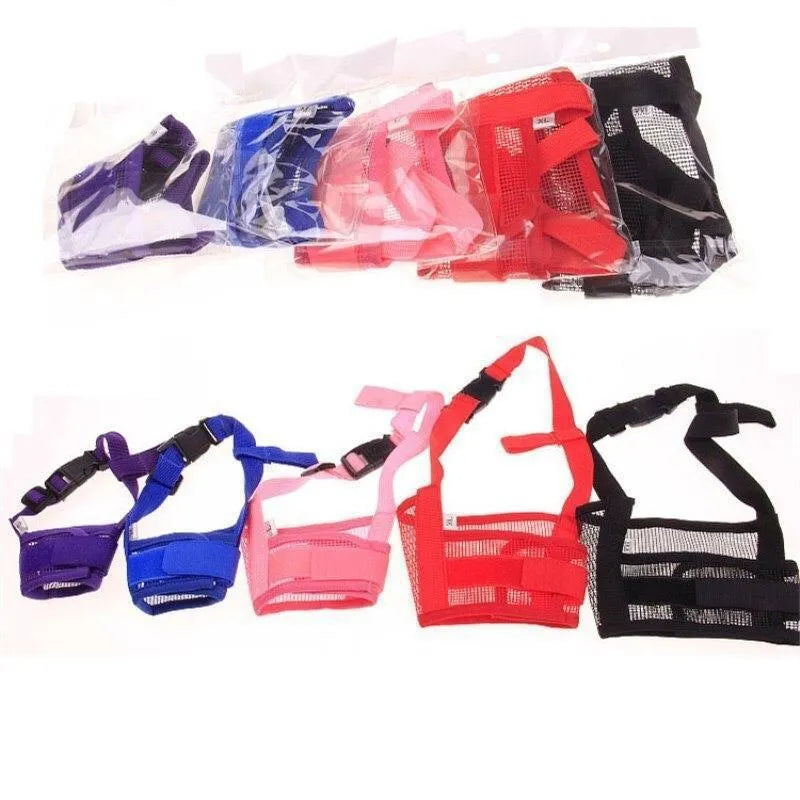 A black adjustable plastic dog muzzle shown on a size chart with options for red, blue, pink, and purple.