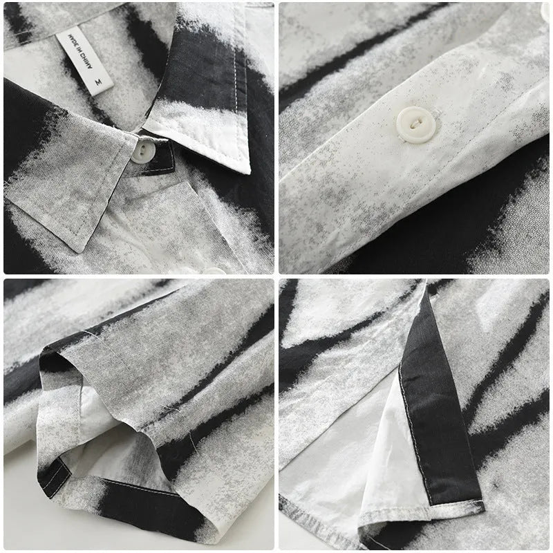 Retro striped black and white pure cotton short sleeve shirt with a loose, cardigan-style fit.