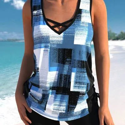 Women's printed split boxer swimsuit set with matching top and shorts