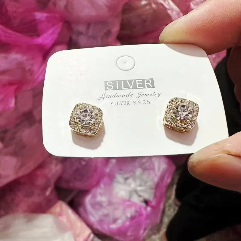 Square diamond geometric earrings in silver and gold colours