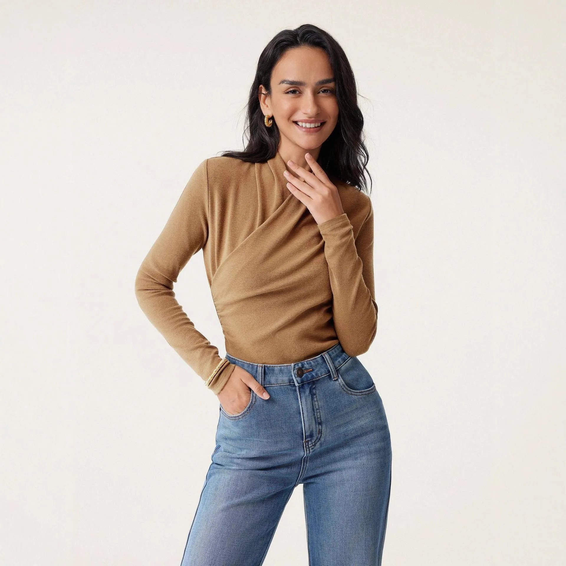Camel coloured women's slim fit pullover sweater with long sleeves