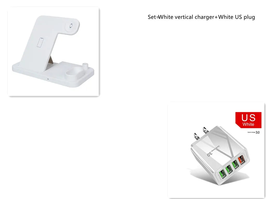 4-in-1 wireless charging station showing phone, Apple Watch, and AirPods charging on adjustable magnetic stand.