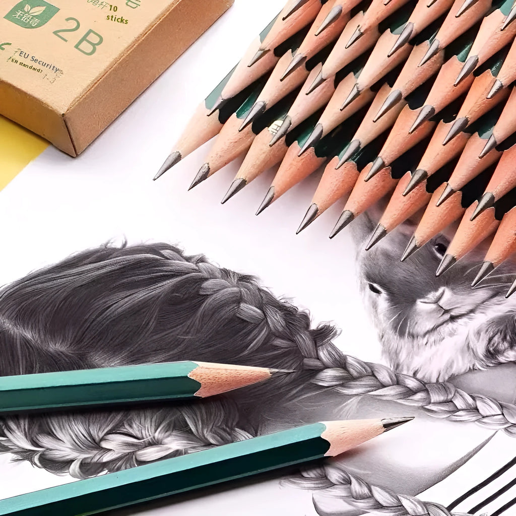 Box of 10 green hexagonal wooden pencils with HB and 2B graphite grades for drawing and writing.
