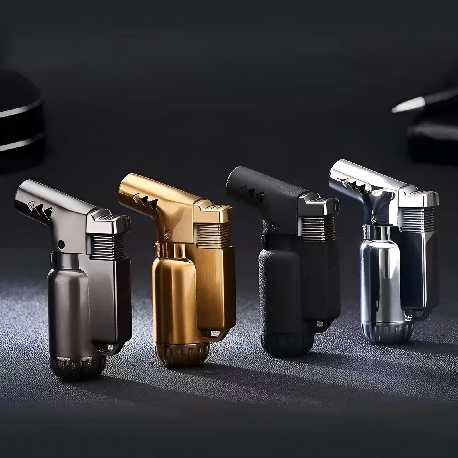 HB805-1 full metal windproof lighter in black, gold, gray or silver showing straight elbow punch mechanism.