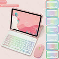 Colourful iPad protective case with luminous RGB backlit Bluetooth keyboard and mouse on a desk