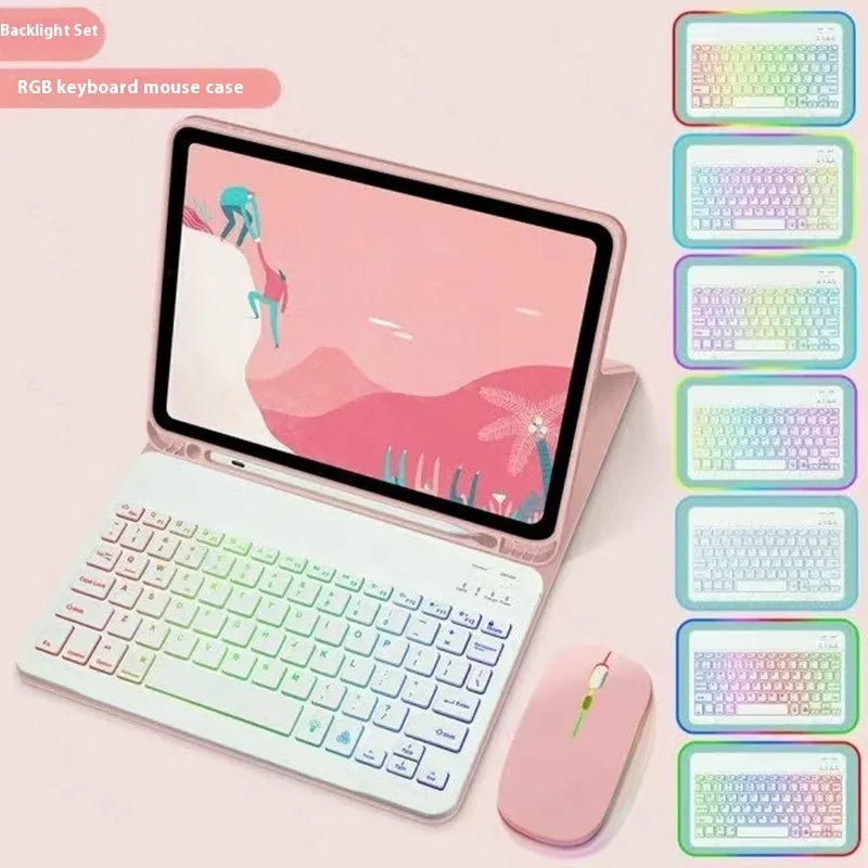 Colourful iPad protective case with luminous RGB backlit Bluetooth keyboard and mouse on a desk