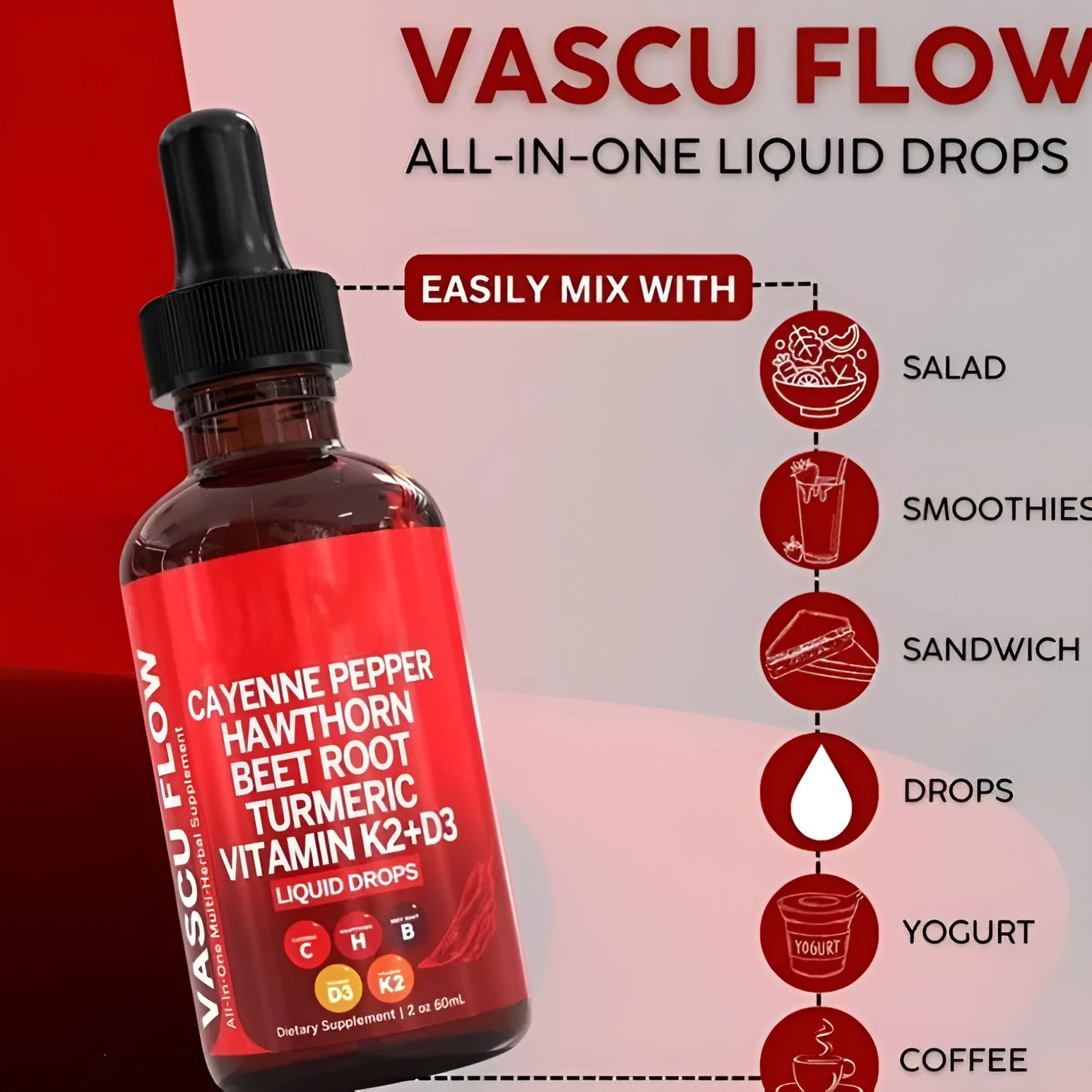 60ml bottle of Vitamin D3 K2 Hawthorn Fruit Supplement Liquid Drops with dropper.