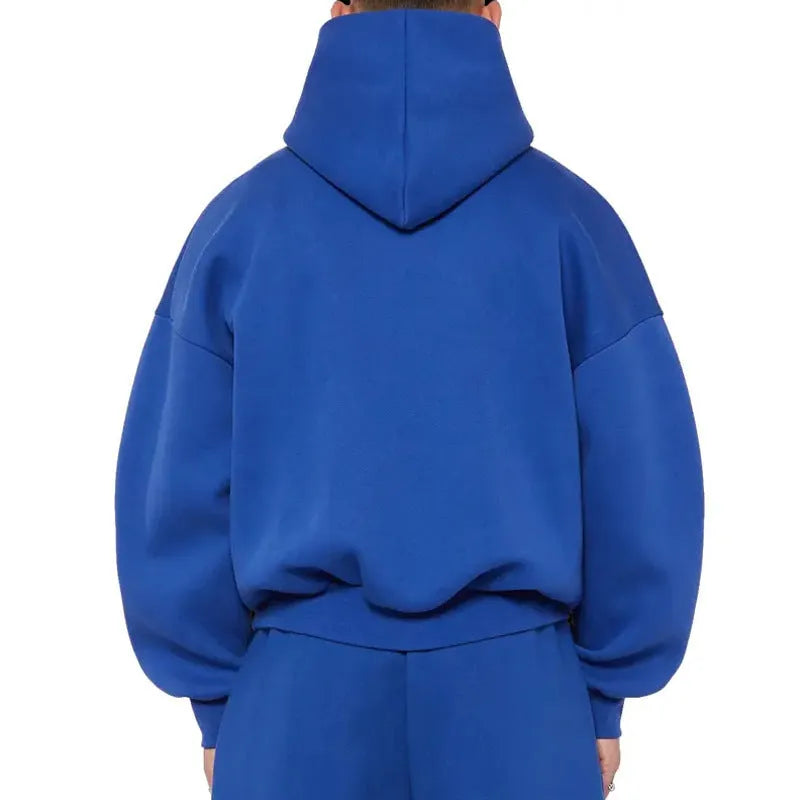 Men's grey fleece-lined cotton hoodie with wool lining, pullover style with threaded long sleeves