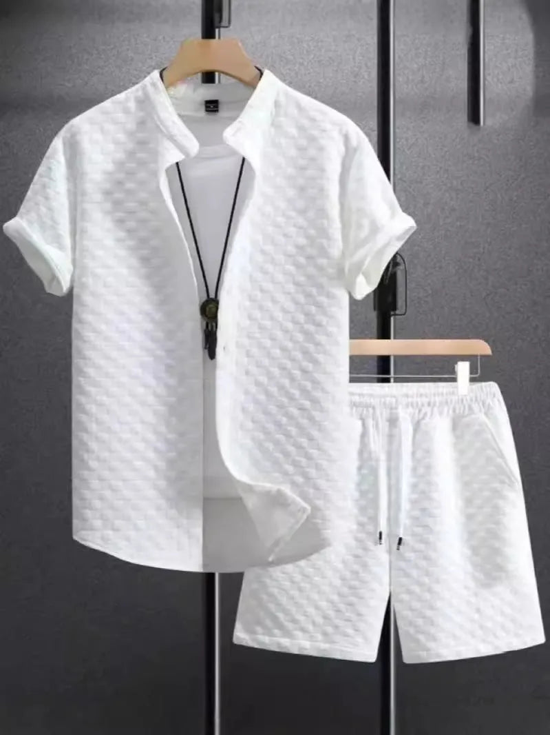 Jacquard patterned short sleeve shirt and matching shorts suit set on a hanger.