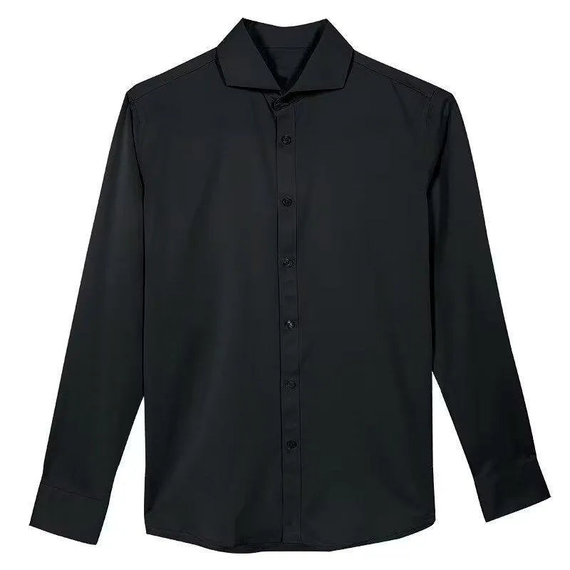 Man wearing a black slim-fit Japanese retro style long sleeve cardigan shirt.