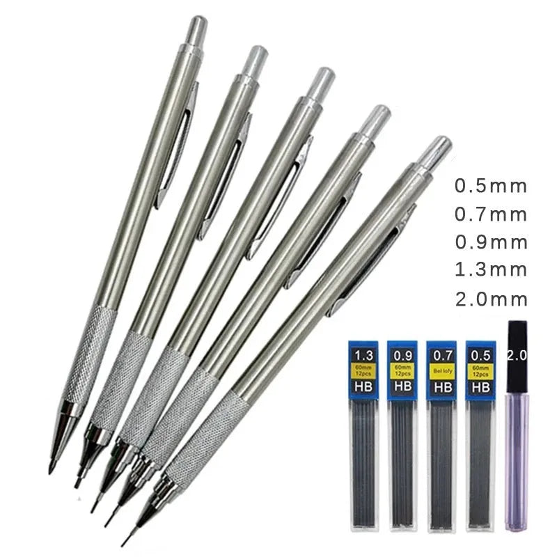 Metal mechanical pencil available in 0.5mm, 0.7mm, and 2.0mm sizes for technical drawing