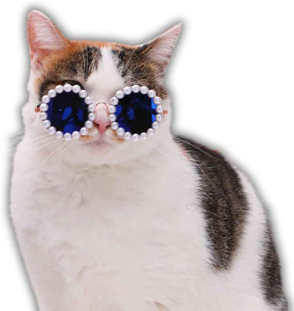 Pearl-rimmed round sunglasses for cats and dogs in multiple colours as costume accessories