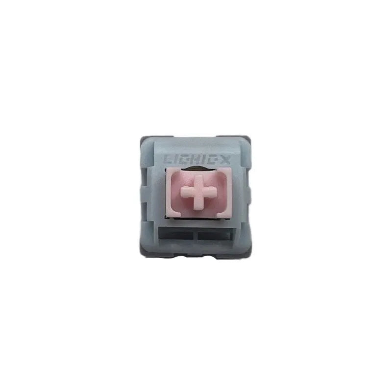 Four Dew Axis-4 mechanical keyboard switches showing three-colour shaft core and bridge plug-in shell design