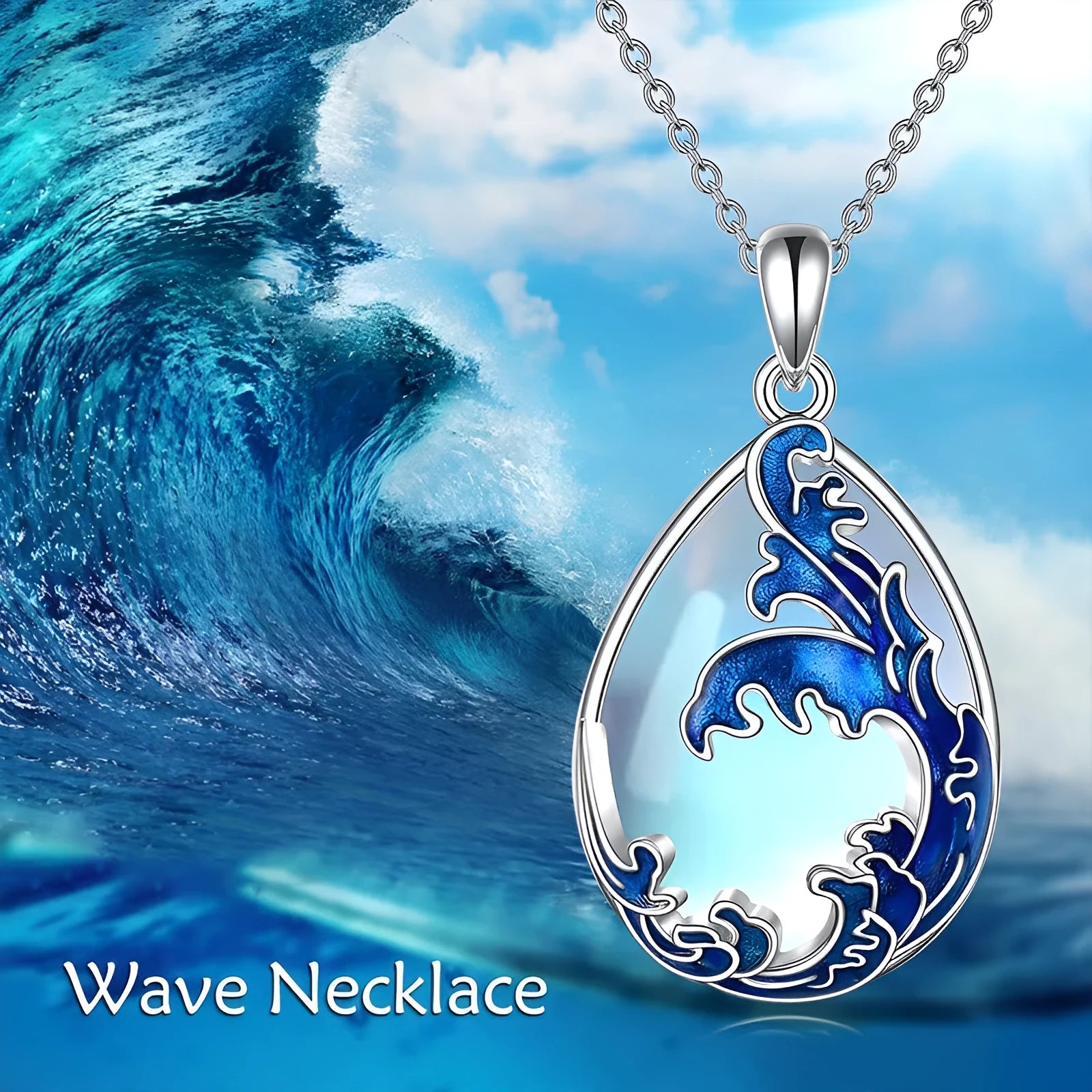 Blue heart-shaped moonstone pendant on alloy women's necklace