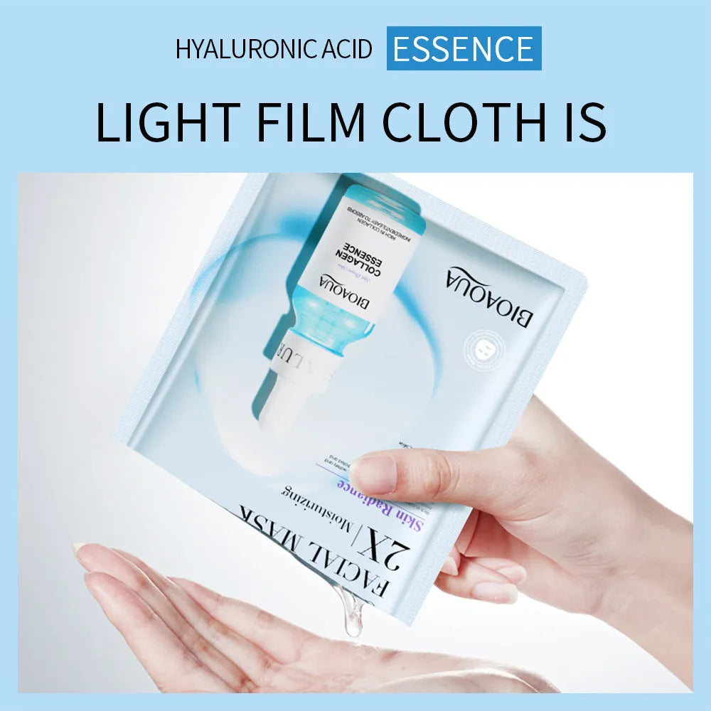 Single-use facial sheet mask with gel serum, shown in Centella, Collagen, Hyaluronic Acid or Vitamin C variants.
