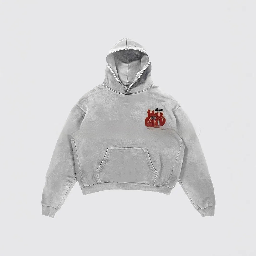 Women's granny grey hoodie with vintage letter print pattern showing front view with pockets