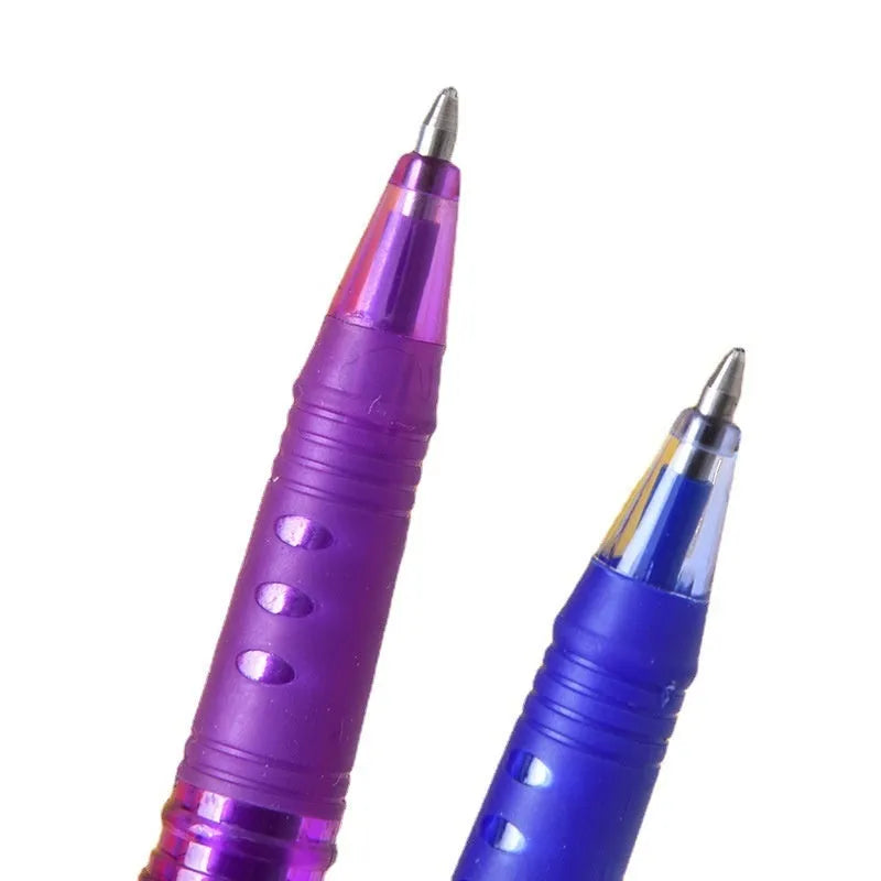 A set of heat-erasable gel pens with plastic barrels and stainless steel nibs, shown in multiple colours.