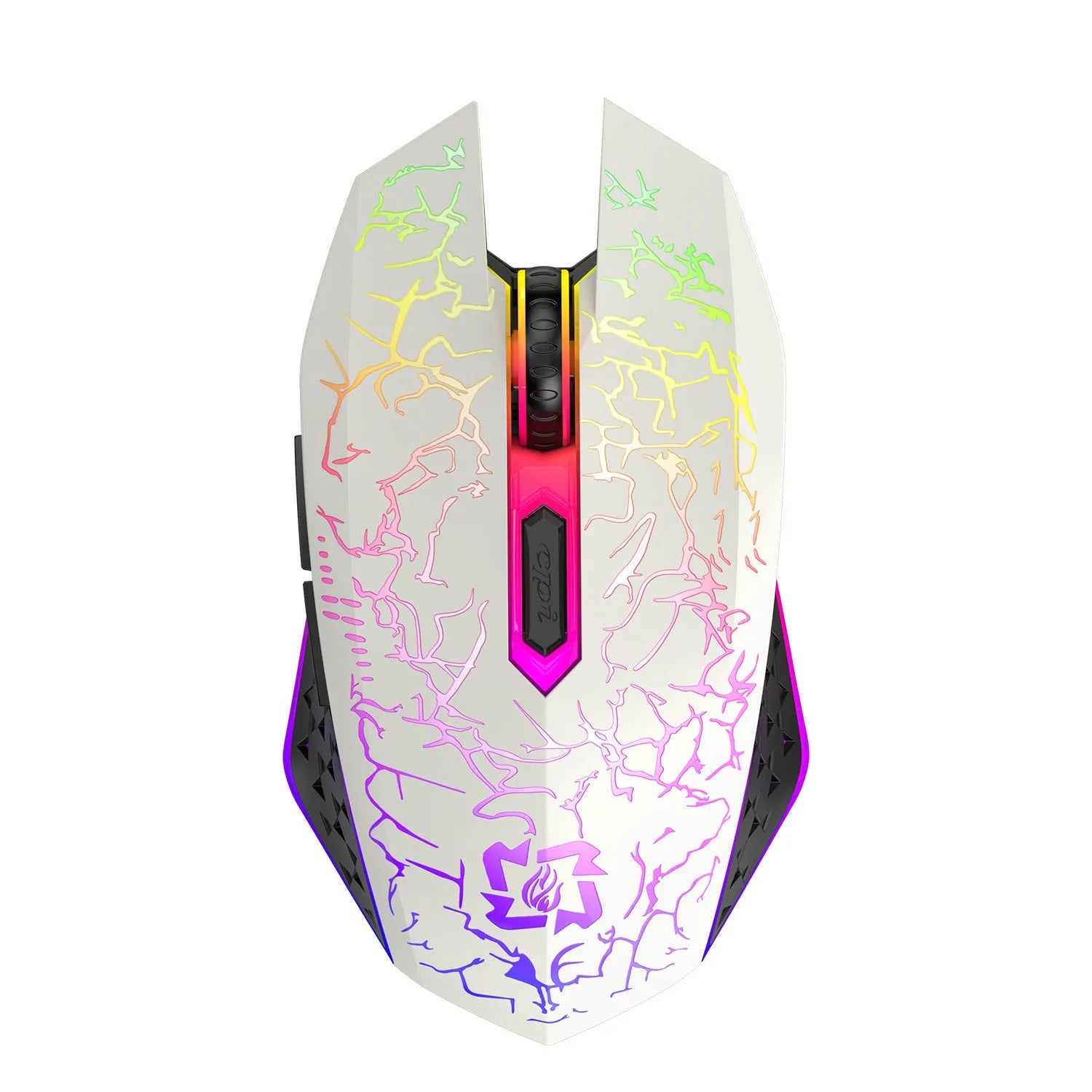 Black and white wireless gaming mouse showing Bluetooth and 2.4G dual-mode connectivity with luminous breathing light effect