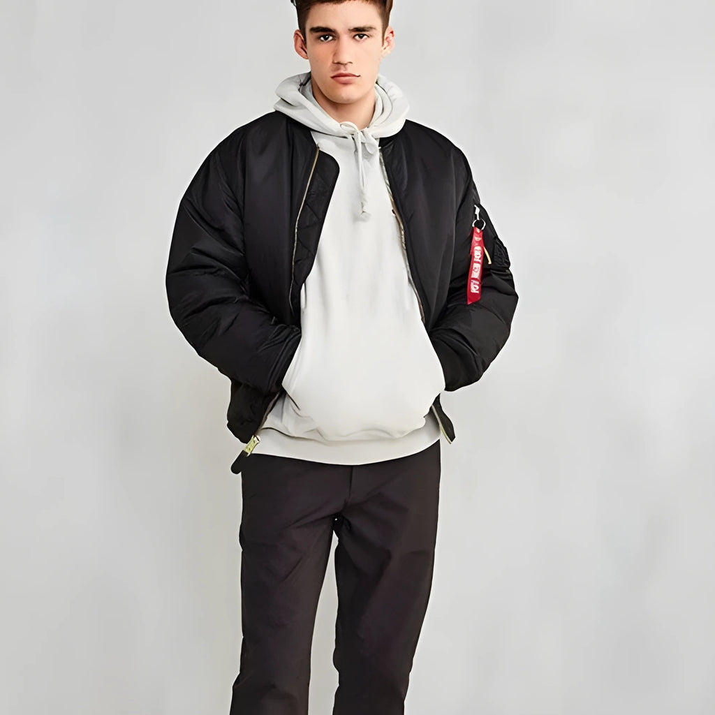 Men's loose fit cotton-padded pilot jacket in nylon, shown in Army Green colour.