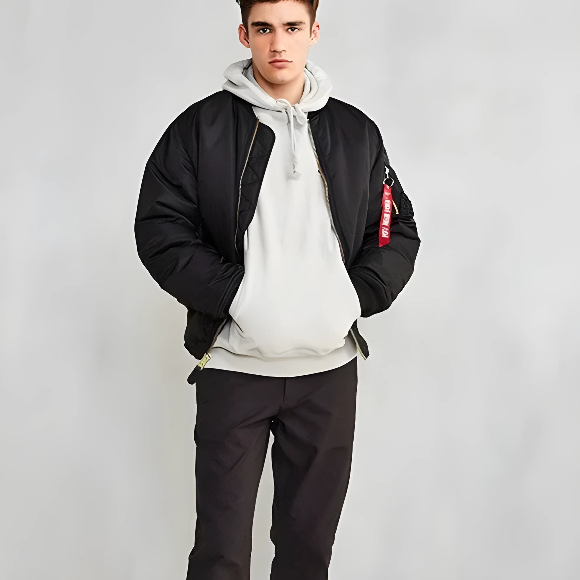 Men's loose fit cotton-padded pilot jacket in nylon, shown in Army Green colour.