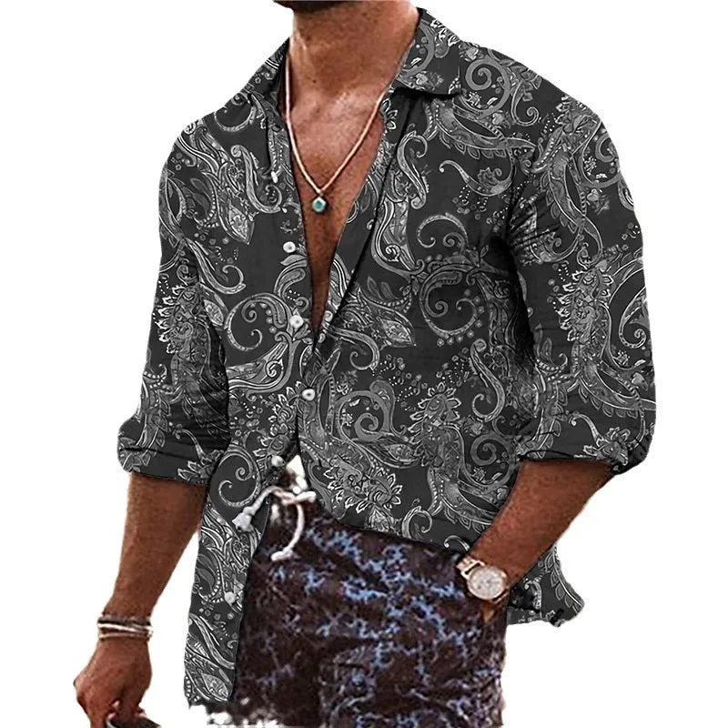 Man wearing a loose-fit long-sleeved shirt with a colourful 3D digital printed flower pattern.