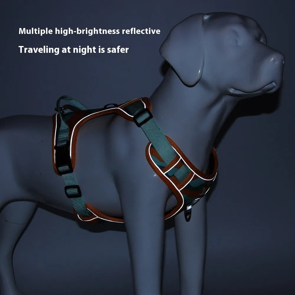 Reflective orange dog chest and back harness lead with hand-holding rope on Oxford cloth material.