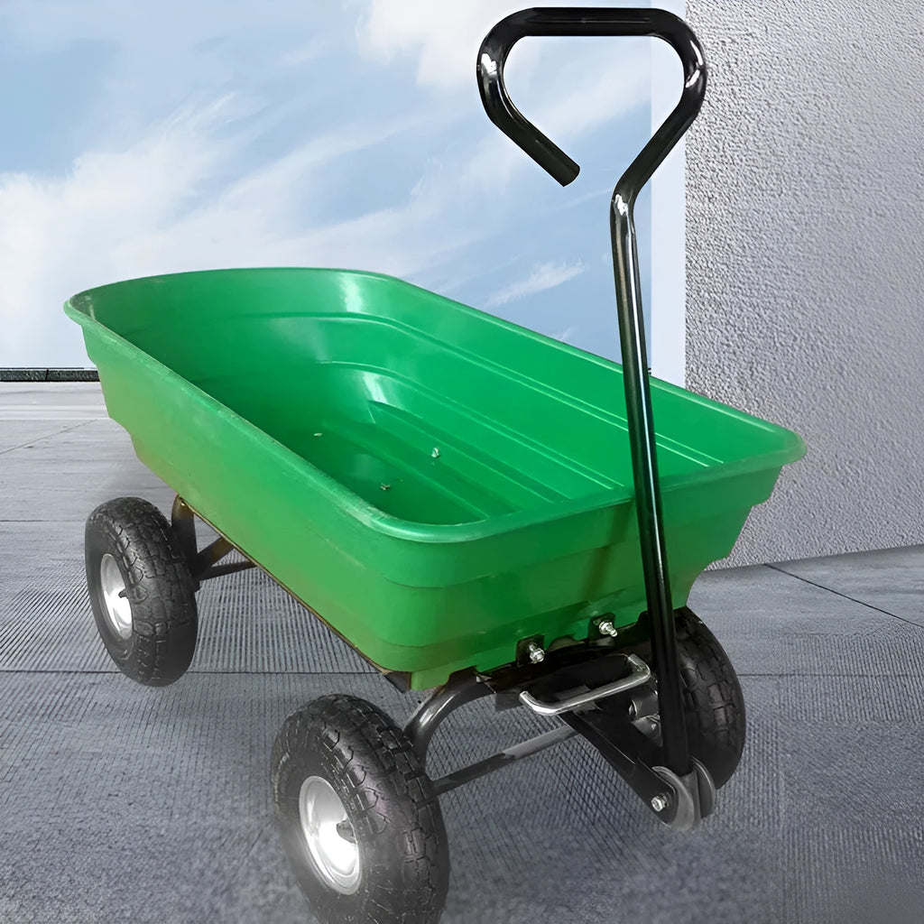 Green four-wheel plastic dump truck with steel PP frame for agricultural material transport