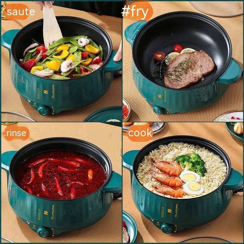 White electric hot pot with non-stick interior and UK plug on kitchen counter