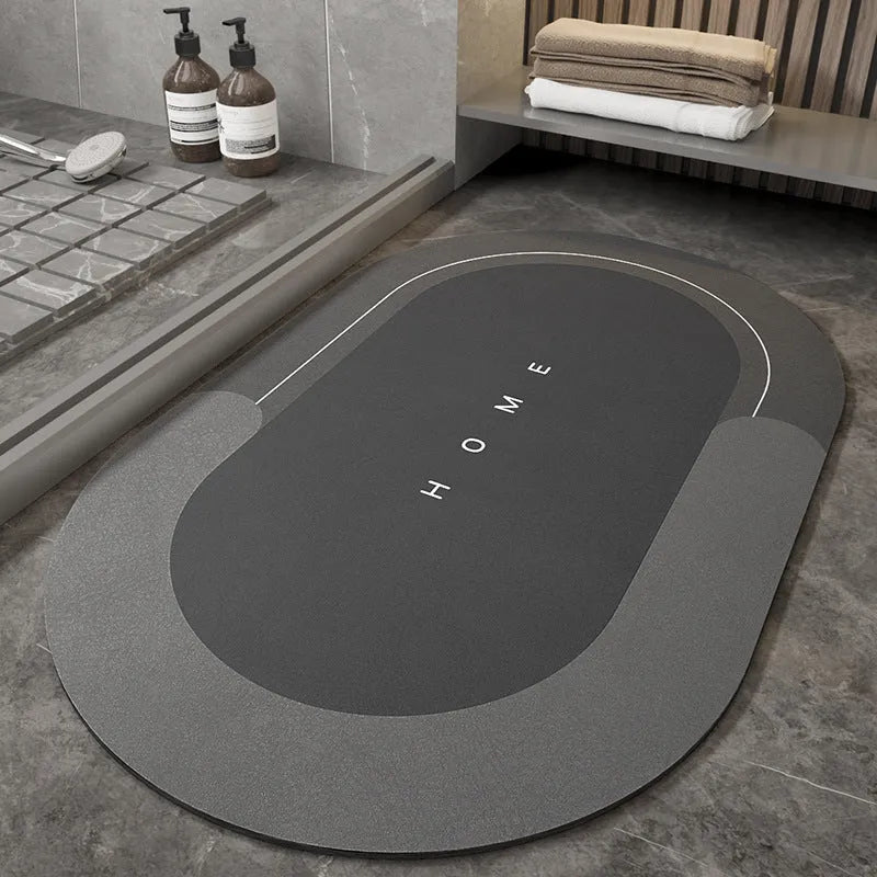 Blended fabric bathroom floor mat in blue colour, rectangular shape, on a tiled floor.