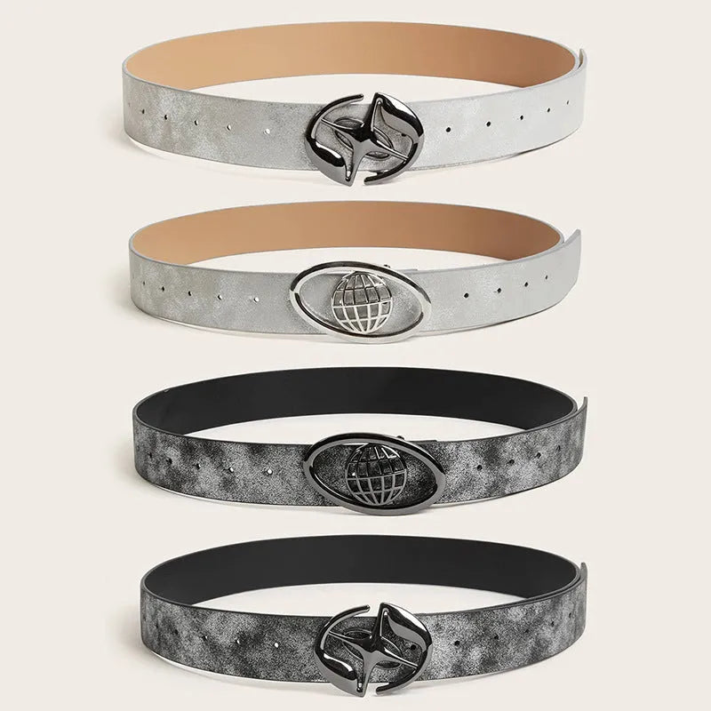 Retro women's belt with oval alloy buckle on thick 4cm+ PU leather strap in earth grey white colour