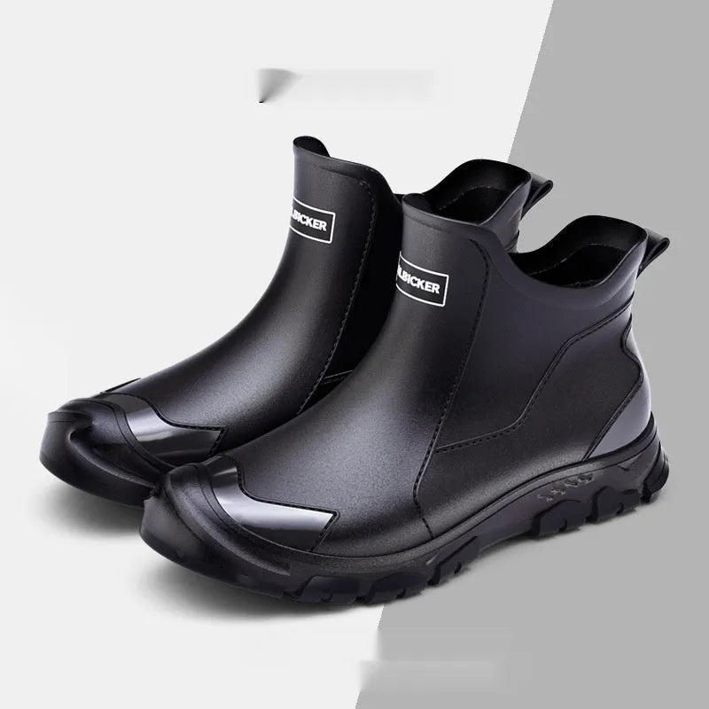 Short tube PVC wading shoe with round toe and non-slip plastic sole on a wet surface.