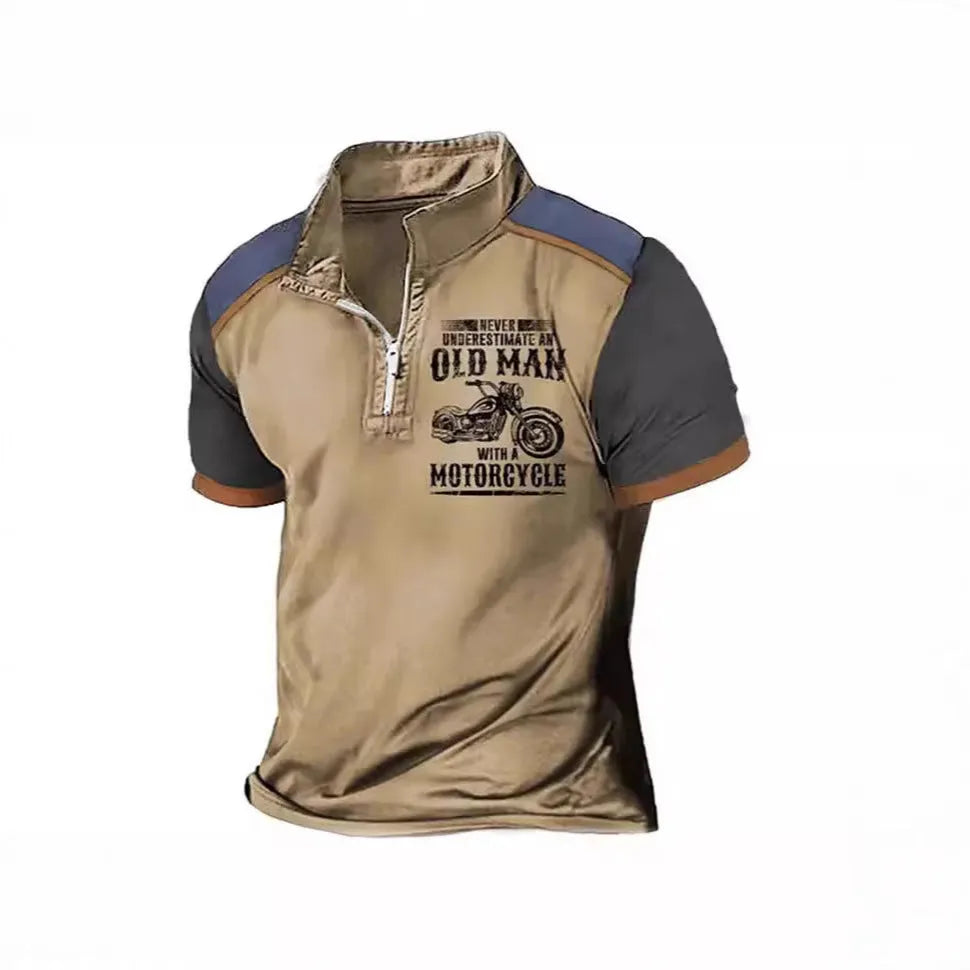Men's short sleeve polo shirt with lapel collar, digital letter printing, and a zip decoration detail in a casual style.