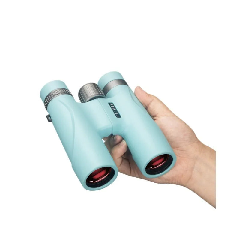 Blue and grey 10x32 binoculars with wine red film lenses, shown with dimensions.