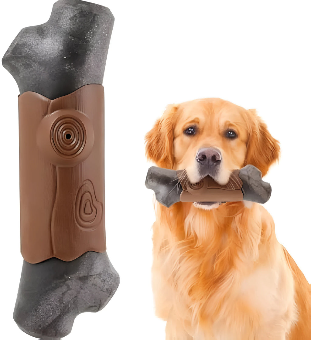 Large, brown, branch-shaped durable nylon dog chew toy for aggressive chewers and big dogs.