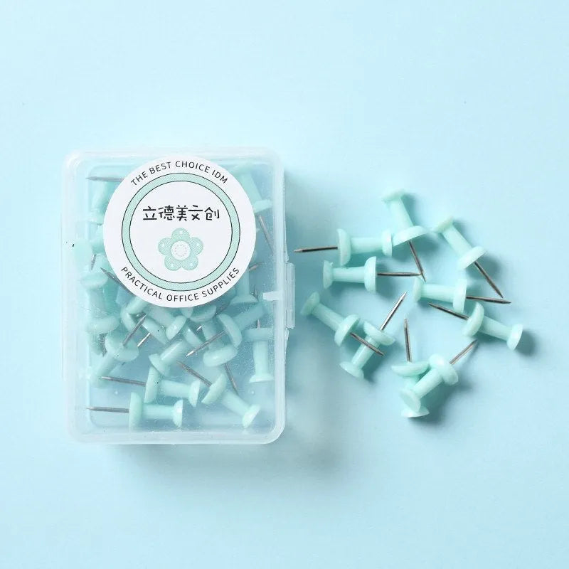 Macaron coloured plastic push pins in cherry blossom pink, mint green and lavender, small and large sizes