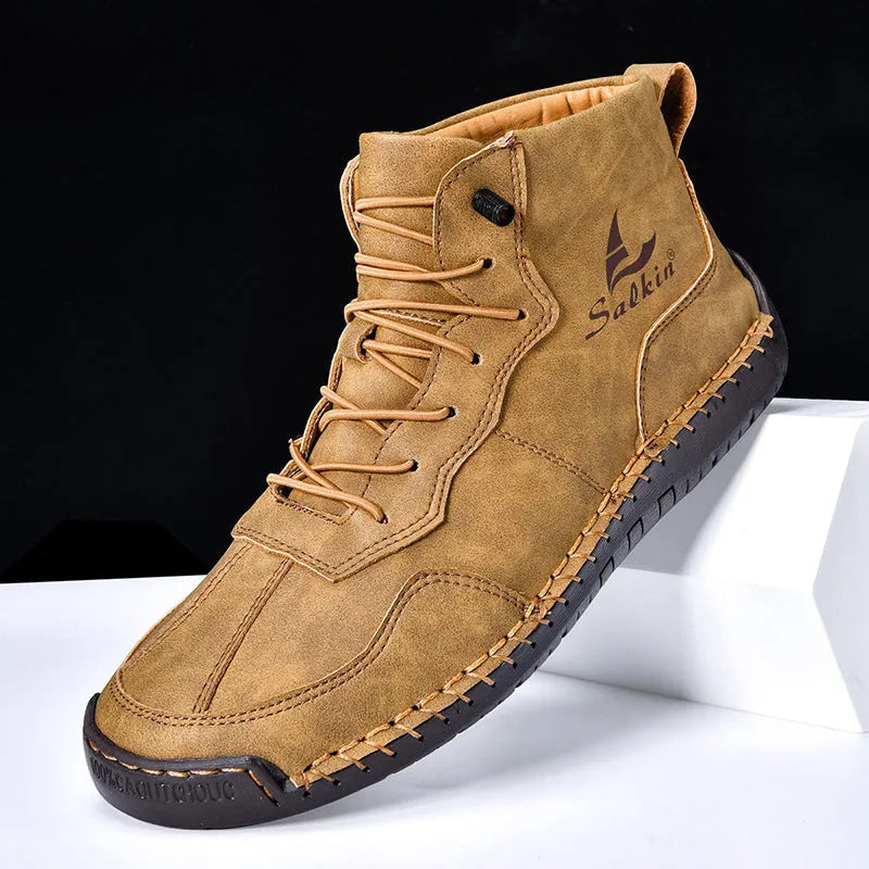 Retro high-top casual boots in beige with elastic band and flat heel