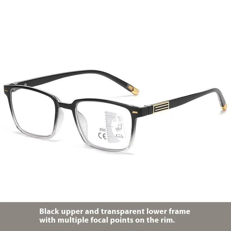 Anti blue light multifocal reading glasses with photochromic colour changing lenses in various frame styles