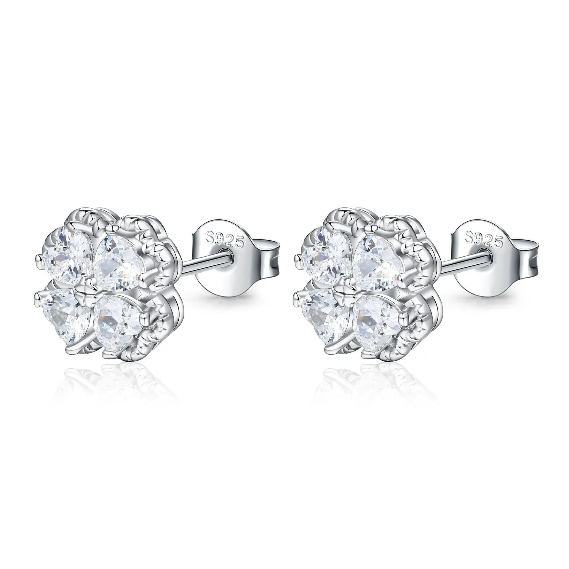 Women's sterling silver heart-shaped four-leaf clover earrings with white zircon stones
