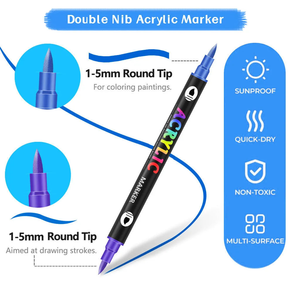 Set of double-headed acrylic paint marker pens in a case, showing two tips per pen.