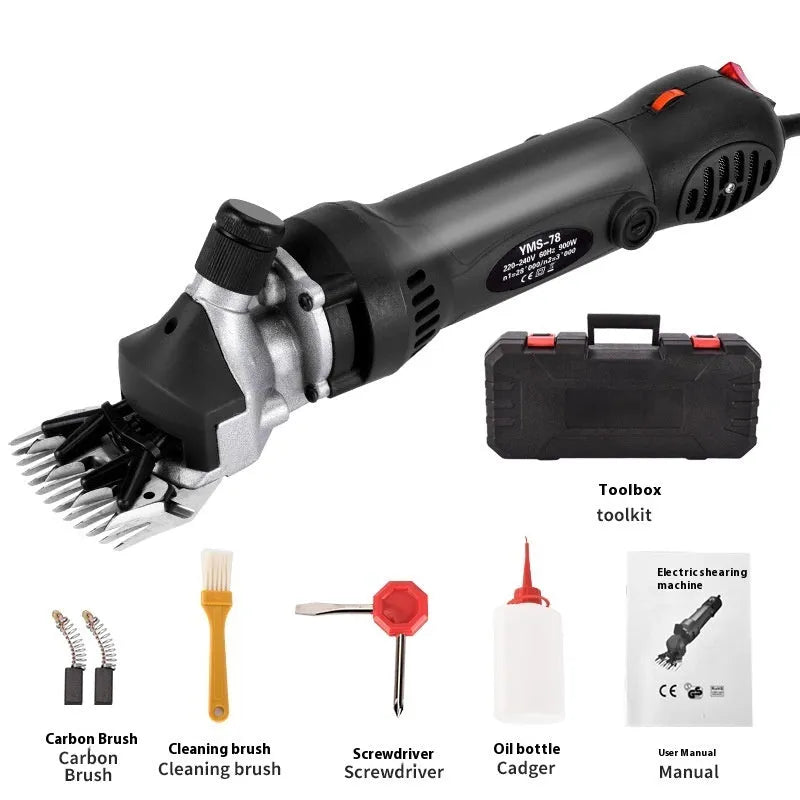 Yellow electric wool shearing tool with 110V plug, multiple blade sets, and maintenance accessories in plastic storage box