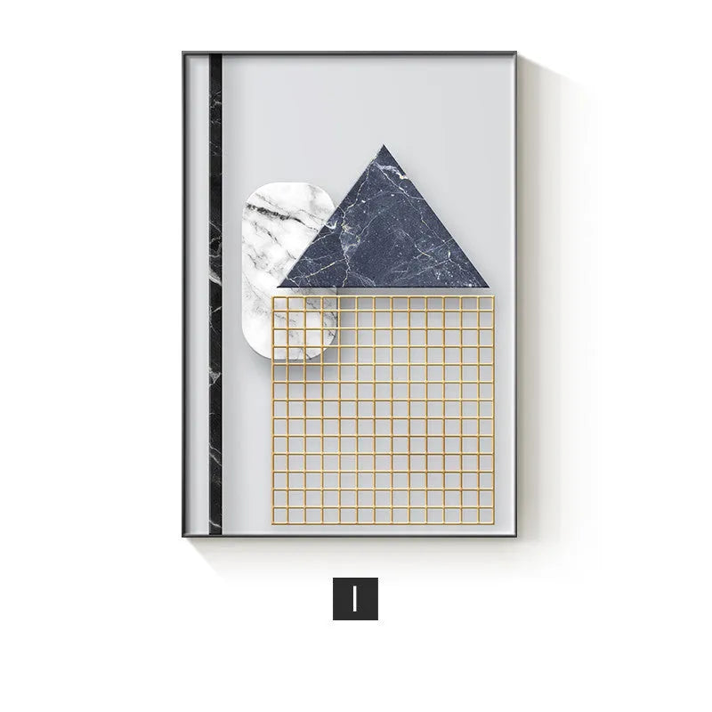 Abstract geometric design printed on a textured canvas wall art poster.