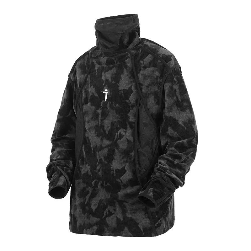 Men's black and grey tie-dye printed turtleneck sweater with drop-shoulder sleeves and loose casual fit