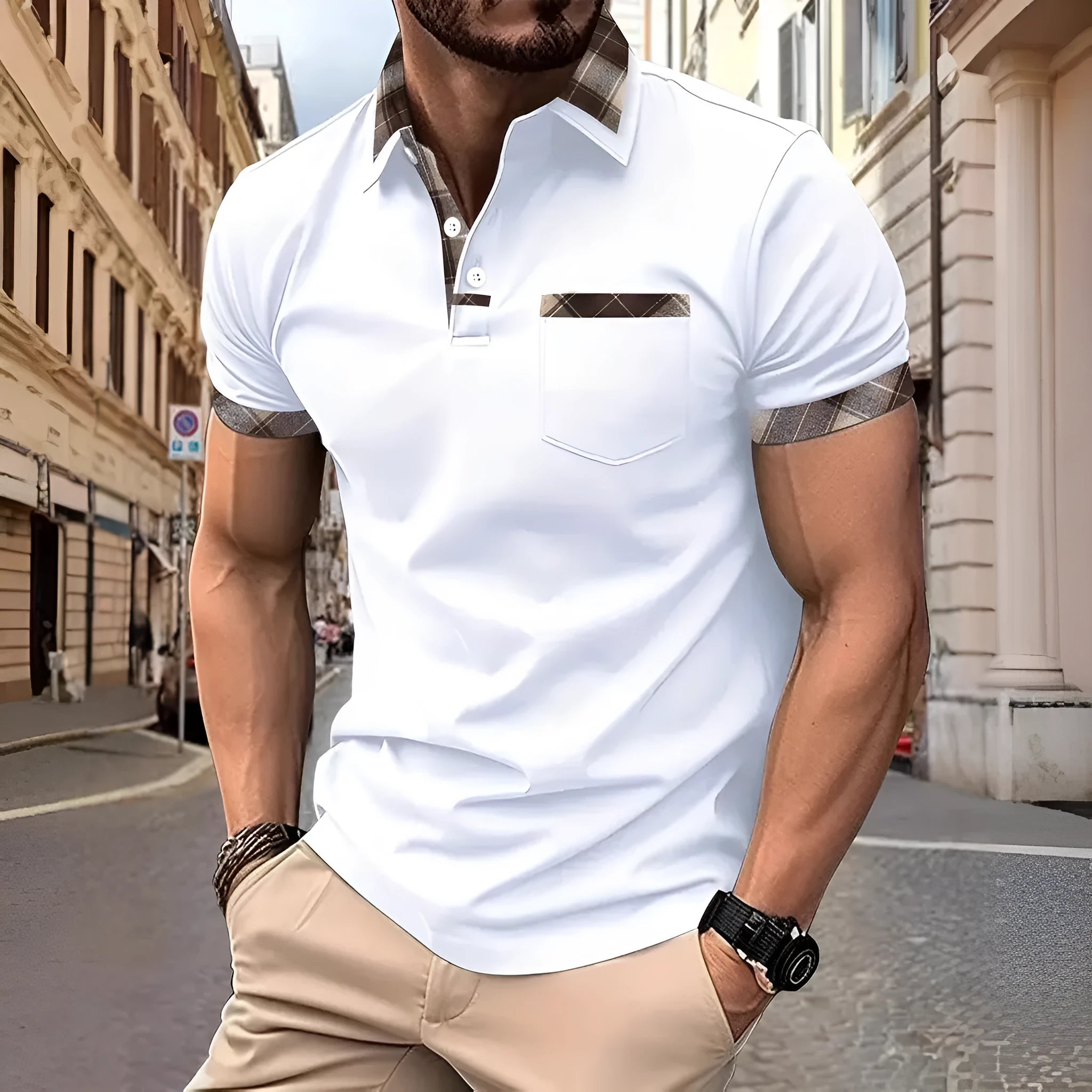 Man wearing a loose-fit plaid colourblock t-shirt with a zipper decoration detail on the front.