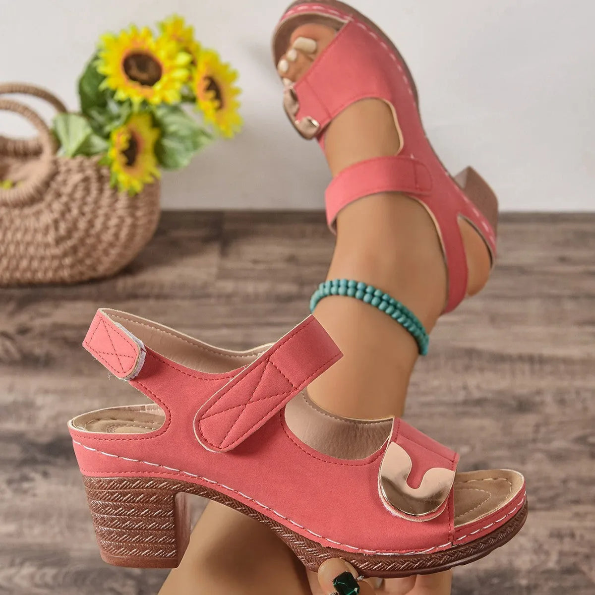 Velcro Roman sandals in light brown colour with a PU upper and rubber sole.