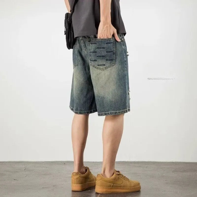 Blue retro loose hole denim shorts for men with straight cut and micro elasticity fabric
