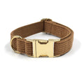Brown corduroy five-piece pet set with collar, lead, bow, garbage pack and chest back in gold buckle detail